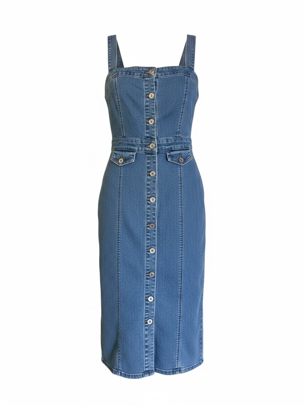 Blue Denim Square Neck Button-Front Midi Dress
